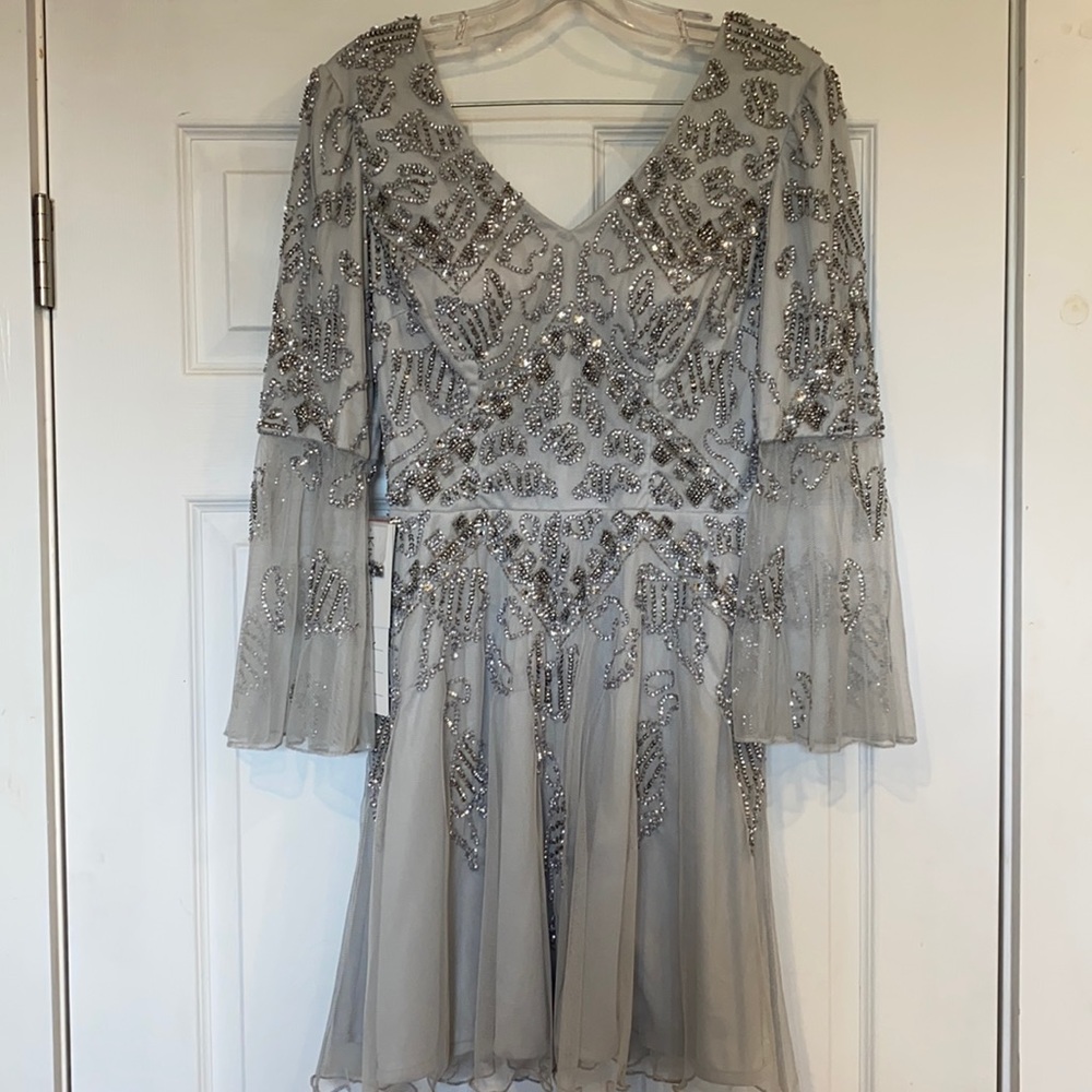 KimKaran long sleeve short sequin silver cocktail/ pageant dress